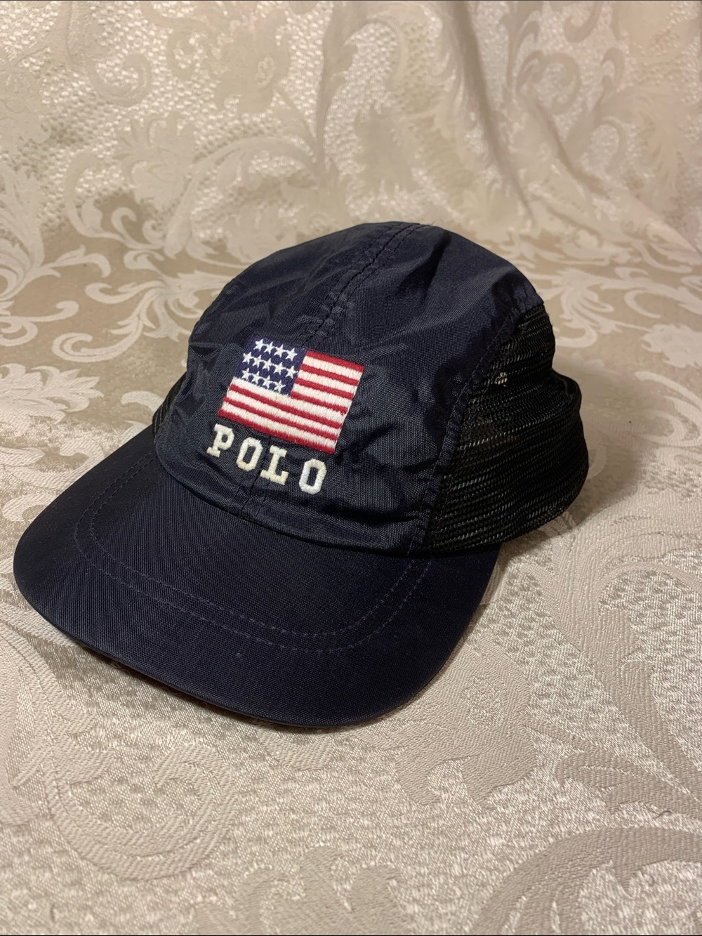 Polo by Ralph Lauren Navy Nylon Mesh Baseball Cap with Embroidered American Flag